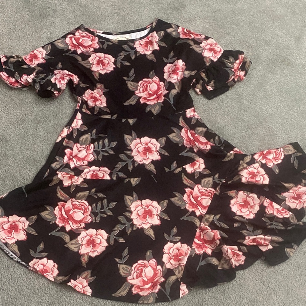 Elegant Floral Kids Dress in Black and Pink